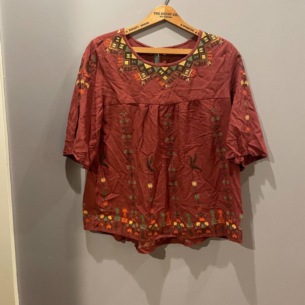 Anthropologie Hazel Brand Rust-colored Embroidered Top, M